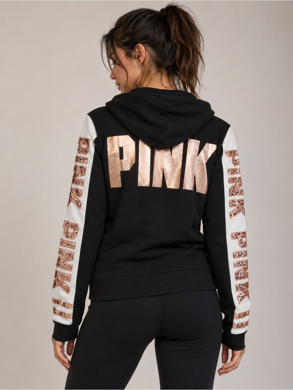 PINK Victoria’s Secret Black Hoodie | Rose Gold Bling Logo Sleeves | Full Zip